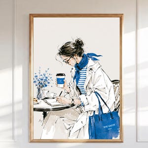 Cuadro decorativo de una chica de café parisina, ilustración de moda de la Rive Gauche, lámina de cafetería, boceto chic francés, póster en acuarela azul y blanca.