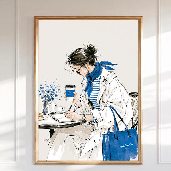 Parisian Cafe Girl Wall Art, Rive Gauche Fashion Illustration, Coffee Shop Print, French Chic Sketch, Blue White Watercolor Poster