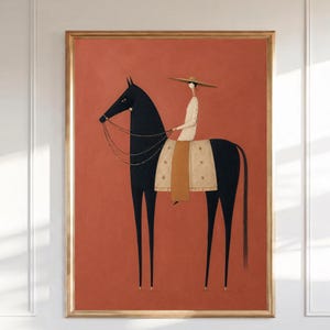 Folk art print of a figure in a wide-brim hat riding a tall dark horse with a tan saddle blanket on a warm terracotta background, vertical mid century equestrian wall art.