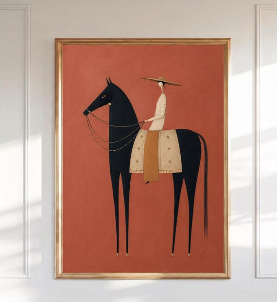 Equestrian Wall Art Folk Horse Rider Print Terracotta Mid Century Modern Figurative Poster Rustic Western Cowgirl Decor Printable