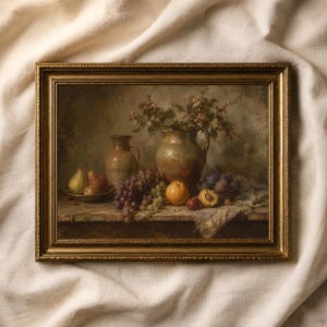 May include: A framed oil painting depicting a still life scene with two ceramic pitchers, a bowl of pears, clusters of red and green grapes, an orange, and plums arranged on a wooden surface with a piece of white fabric draped to the side.