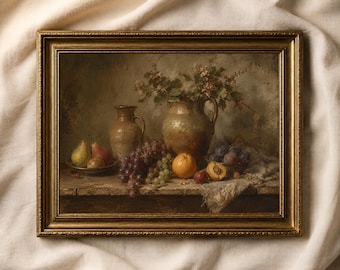 Vintage Stillleben Obstmalerei Wandkunst, klassische Küchendekoration, rustikale Bauernhausdekoration, alte Meisterkeramik & Trauben Poster