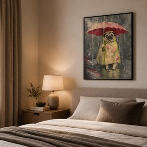 Whimsical painting of a pug wearing a yellow floral raincoat and holding a red umbrella in the rain, with a moody gray painterly background.