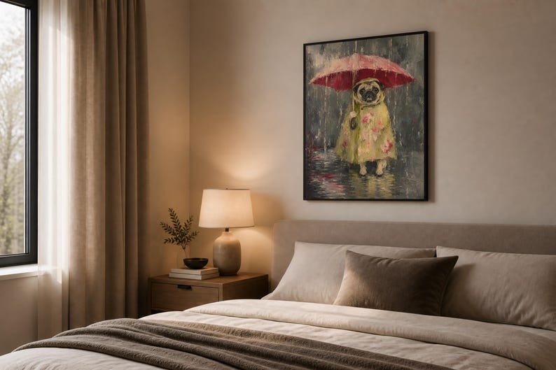 Whimsical painting of a pug wearing a yellow floral raincoat and holding a red umbrella in the rain, with a moody gray painterly background.