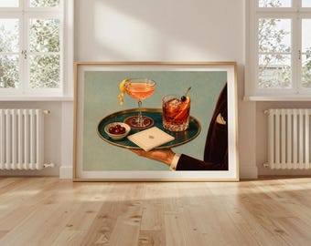 Vintage Cocktail Bar Cart Wall Art, Classic Cocktails Print, Retro Bar Decor, Whiskey Old Fashioned Poster, Bar Cart Print, Home Bar Art