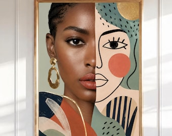 Väggkonst med porträtt av svart kvinna, abstrakt boho halvansikte, modern afroamerikansk konst, feminin figurativ poster, dekor med guldörhängen