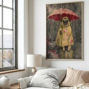 Whimsical painting of a pug wearing a yellow floral raincoat and holding a red umbrella in the rain, with a moody gray painterly background.