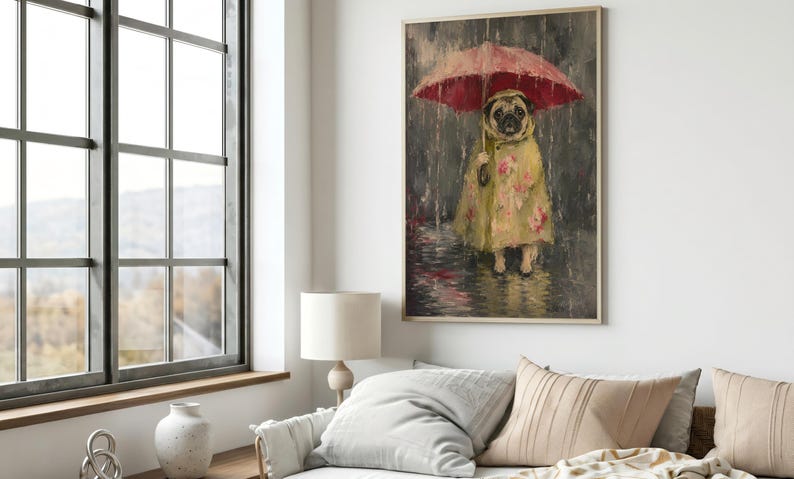 Whimsical painting of a pug wearing a yellow floral raincoat and holding a red umbrella in the rain, with a moody gray painterly background.