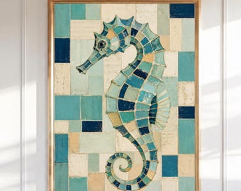 Seepferdchen Mosaik Wand Kunst Druck, Küsten Badezimmer Dekor, Blau Teal Ozean Sea Life Printable, Strandhaus Nautisches Poster