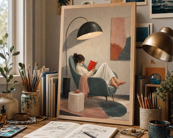 Woman Reading Book Wall Art, Cozy Reading Nook Print, Mid-Century Modern Figurative Art, Bookworm Gift, Neutral Living Room Decor