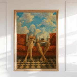 May include: A framed art print depicting two figures seated on a red sofa, each holding a phone. The background features a sky with clouds. The figures' faces are obscured. The floor has a black and brown checkered pattern.