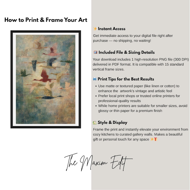 May include: An art print featuring a flock of birds in flight, rendered in muted tones of blue, red, and beige. The artwork is framed in black and includes text about printing and framing the art, and the artist's name.