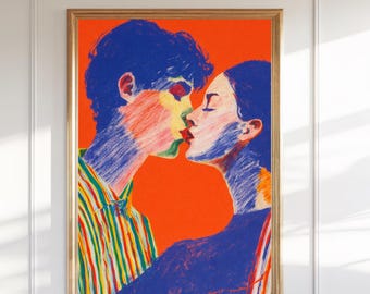 Bunter Kuss Druck, modernes abstraktes Paar Porträt, orange Pop Art Dekor (digitaler Download)