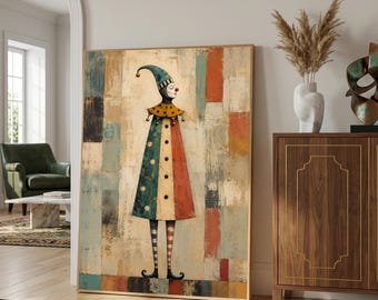 Skurril Harlekin Jester Wandkunst, Vintage Zirkus Clown Druck, Volkskunst Porträt, rustikale figurative Malerei, vielseitiges Wohndekor
