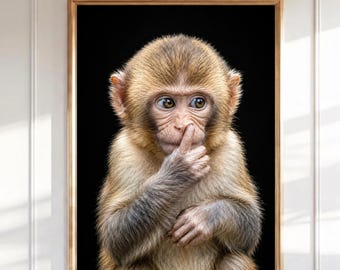 Baby Äffchen Portrait, niedlicher Makaken Druck, lustige Tierfotografie, schwarzer Hintergrund, Kinderzimmer Dekor, Kinderzimmer zum ausdrucken