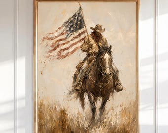Amerikanische Cowboy-Wandkunst, Western Vaterländischer Druck, Rustikale Pferde- und Flaggenmalerei, Land-Western-Dekor, Vintage Cowboy-Ölgemäldedruck