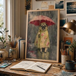 Whimsical painting of a pug wearing a yellow floral raincoat and holding a red umbrella in the rain, with a moody gray painterly background.