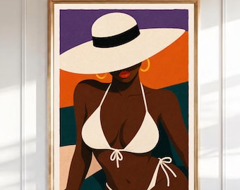 Impressão artística de mulher negra na praia, arte de parede boho com chapéu de sol e biquíni, retrato figurativo moderno, pôster retrô de verão, download digital