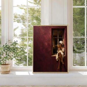 Painting of a Black woman in a white towel reading a golden book on a sunlit windowsill against a deep burgundy wall, moody figurative wall art print.