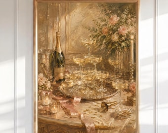Champagner Turm Wand Kunst, Vintage Feier Druck, Romantisches Küchen Dekor, Rosa Rosen Bar Warenkorb Kunst, Elegantes Esszimmer Gemälde