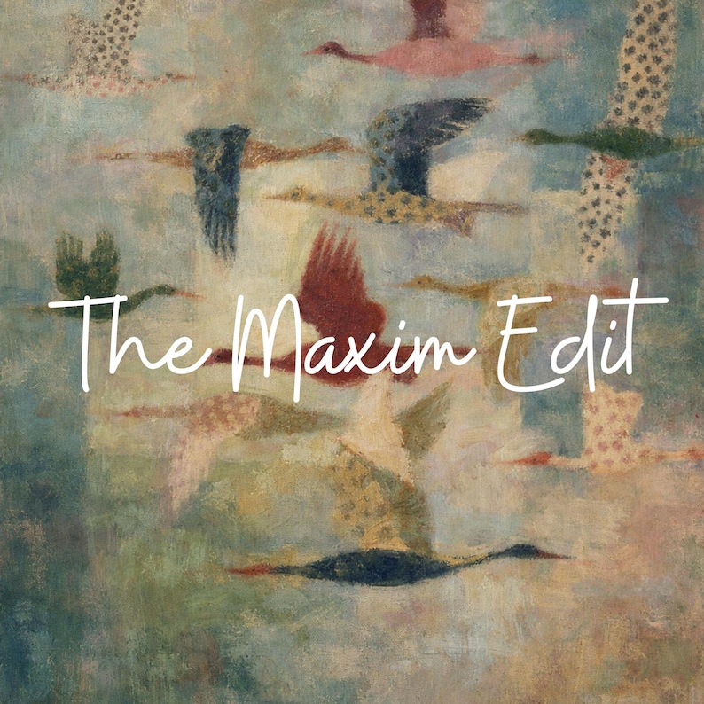 May include: An abstract painting featuring a flock of birds in flight, rendered in muted tones of blue, green, pink, and beige. The text "The Maxim Edit" is overlaid in white cursive.