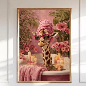 Badrumsväggkonst med giraff, rosa spa-djurtryck, nyckfull badkarsdekor (digital nedladdning)