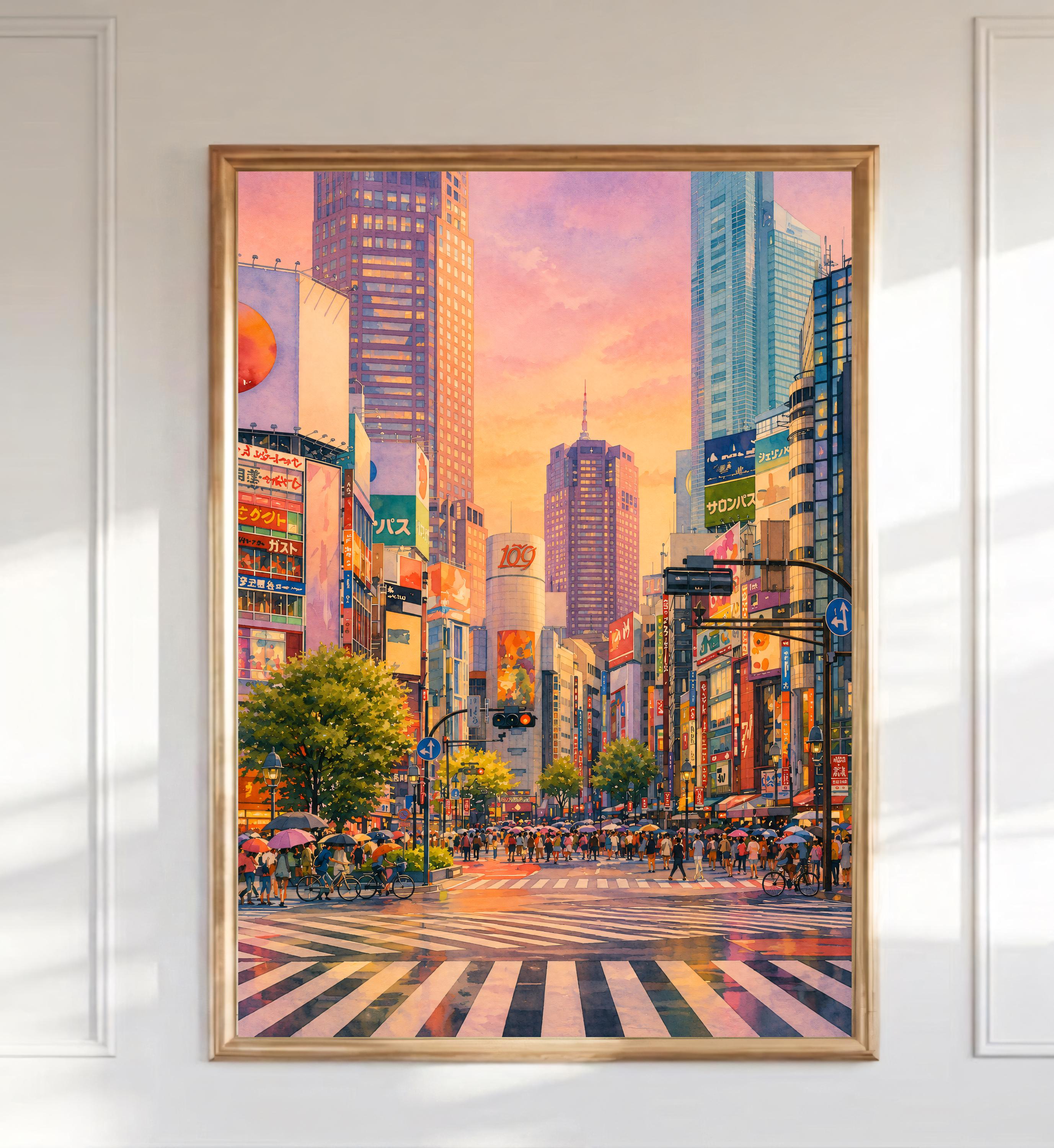 東京・渋谷の水彩画プリント、夕焼けの街並みウォールアート（デジタル