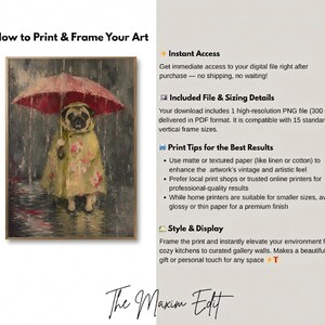 Whimsical painting of a pug wearing a yellow floral raincoat and holding a red umbrella in the rain, with a moody gray painterly background.