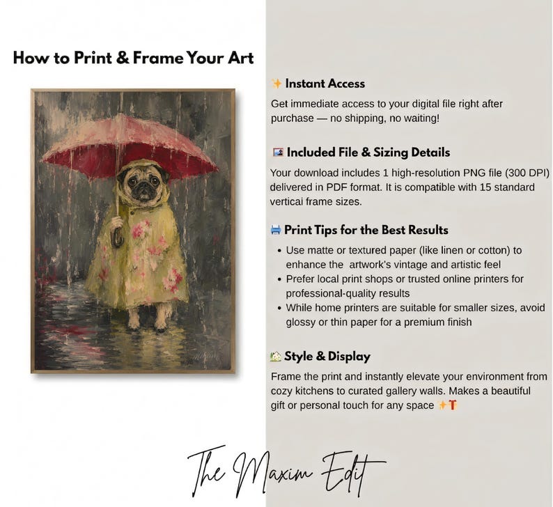 Whimsical painting of a pug wearing a yellow floral raincoat and holding a red umbrella in the rain, with a moody gray painterly background.