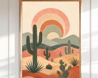 Boho Wüsten-Kaktus-Wand-Kunst, südwestliche Landschafts-Druck, Terrakotta-Sonnenuntergang-Sonnenuntergang, Mitte des Jahrhunderts modernes Wüstenplakat, Boho Wohnkultur