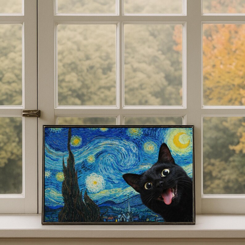 Funny Black Cat Starry Night Parody Print – Van Gogh Inspired (digital ...