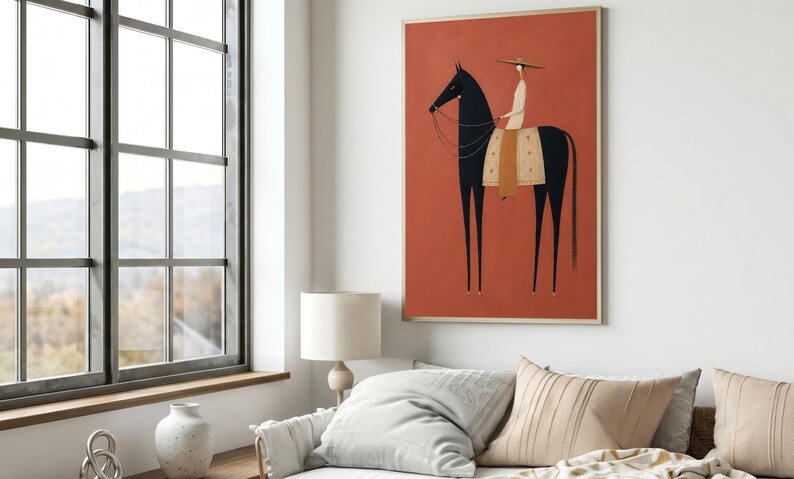 Folk art print of a figure in a wide-brim hat riding a tall dark horse with a tan saddle blanket on a warm terracotta background, vertical mid century equestrian wall art.