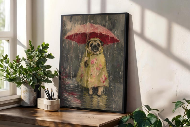 Whimsical painting of a pug wearing a yellow floral raincoat and holding a red umbrella in the rain, with a moody gray painterly background.