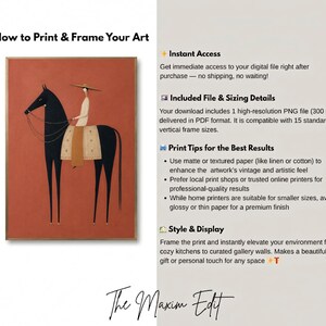 Folk art print of a figure in a wide-brim hat riding a tall dark horse with a tan saddle blanket on a warm terracotta background, vertical mid century equestrian wall art.