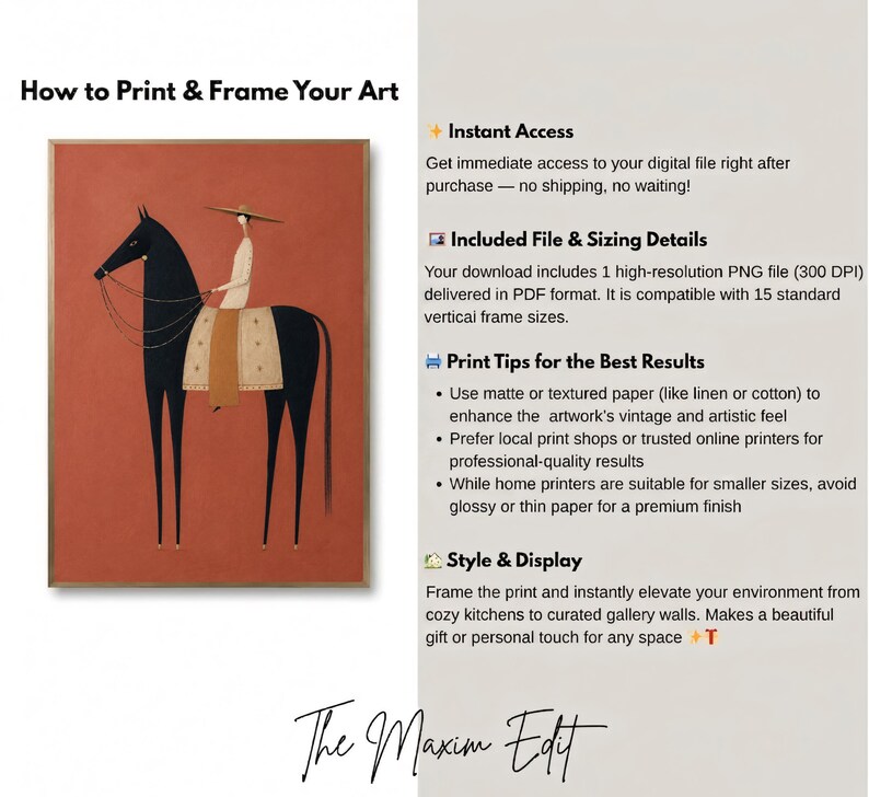 Folk art print of a figure in a wide-brim hat riding a tall dark horse with a tan saddle blanket on a warm terracotta background, vertical mid century equestrian wall art.