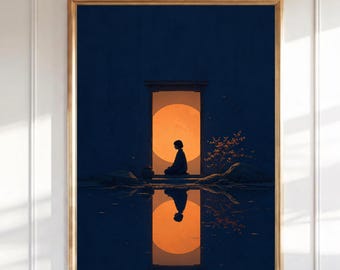 Zen Meditation Mond Wandkunst, japanischer minimalistischer Druck, meditierendes Silhouette Poster, blau oranges Zen-Dekor, friedlicher Hausdruck