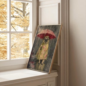 Whimsical painting of a pug wearing a yellow floral raincoat and holding a red umbrella in the rain, with a moody gray painterly background.