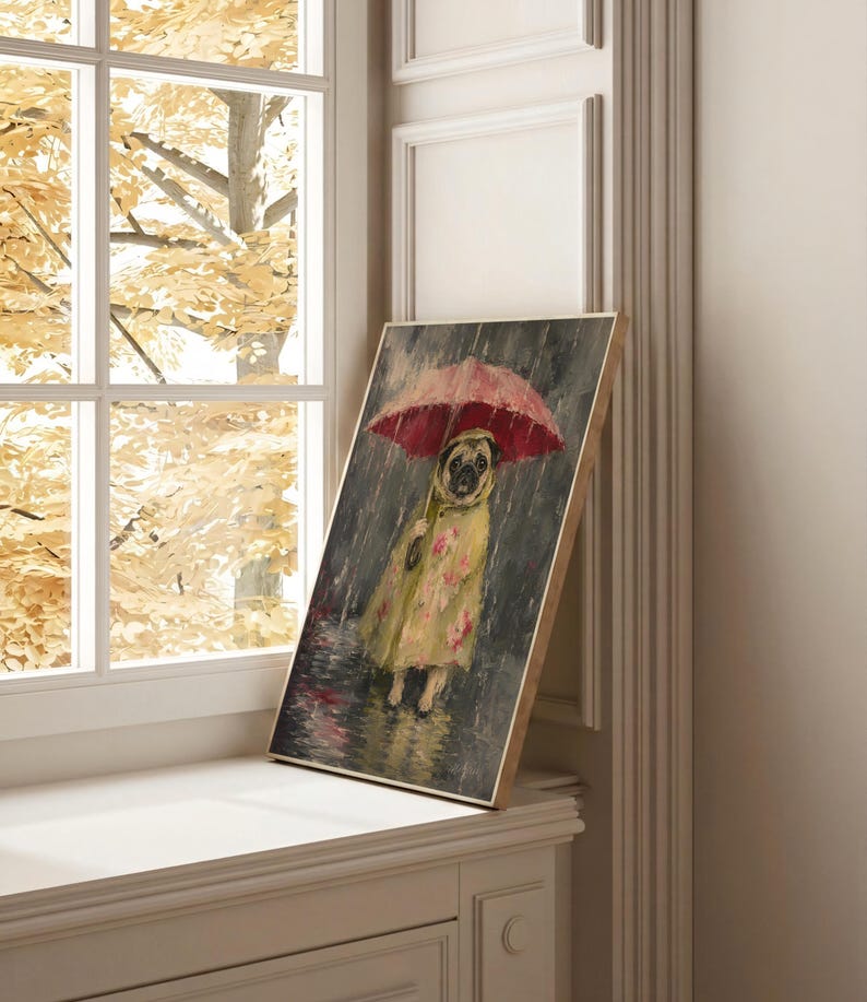 Whimsical painting of a pug wearing a yellow floral raincoat and holding a red umbrella in the rain, with a moody gray painterly background.