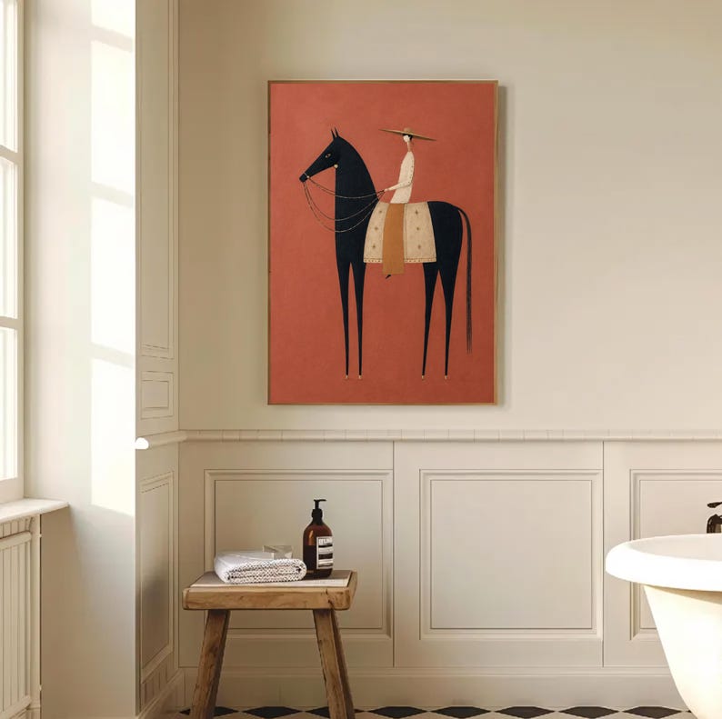 Folk art print of a figure in a wide-brim hat riding a tall dark horse with a tan saddle blanket on a warm terracotta background, vertical mid century equestrian wall art.
