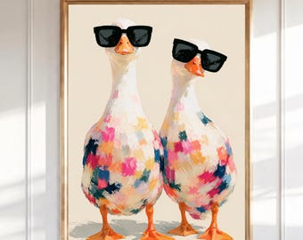 Lustiger Entendruck, coole Enten mit Sonnenbrille Wandkunst, wunderliche Tierdruck, bunte Vogelmalerei, schrullige Wohndekoration, Badezimmer Wandkunst