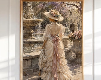 Viktoriansk damväggkonst, vintagekvinnamålning, romantisk fontänträdgårdskonst, klassiskt porträtt, feminin impressionistisk dekor