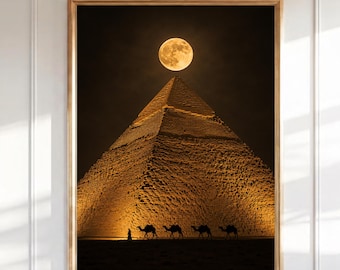 Ägyptische Pyramide Wandkunst, Gizeh Kamelkarawane Druck, Vollmond Wüste Nacht Fotografie, altes Ägypten Reise Poster, Mondlicht Dekor