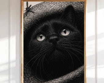 Schwarze Katze Wandkunst, neugieriges Kätzchen Porträt Druck, Gothic Katze Poster, launische Tier Wanddekoration, schwarz und weiße Katze Kunstdruck