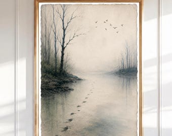 Nebliger See Landschaft Wandbild, Nebliger Fluss Landschaft, minimalistischer Naturdruck, ruhige Aquarell Landschaft, Zen-Wanddekor