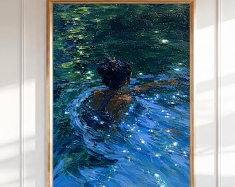 Woman Swimming Wall Art, Ocean Water Impressionist Painting Print, Blue Sparkling Sea Figurative Art, Coastal Bathroom Decor