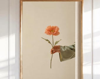 Mohnblume Wandkunst, minimalistischer Blumendruck, Korallenpfirsich Mohnblume Fotografie, neutraler botanischer Druck, Boho Ästhetischer Wanddekor