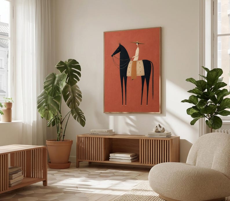 Folk art print of a figure in a wide-brim hat riding a tall dark horse with a tan saddle blanket on a warm terracotta background, vertical mid century equestrian wall art.