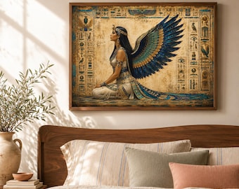 Egyptian Goddess Isis Wall Art, Ancient Egypt Winged Goddess Print, Cleopatra Mythology Poster, Hieroglyphics Home Decor