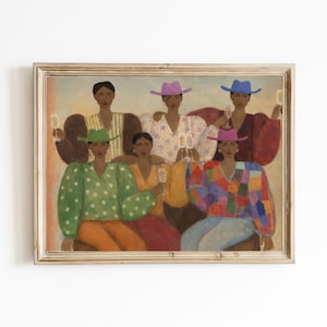 Cuadro decorativo de vaqueras, retrato de hermandad del Oeste, decoración para fiestas con champán (descarga digital)