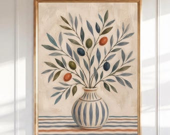 Mediterranean Olive Branch Vase Wall Art, Boho Botanical Print, Rustic Kitchen Decor, Farmhouse Tuscan Painting, Neutral Digital Download